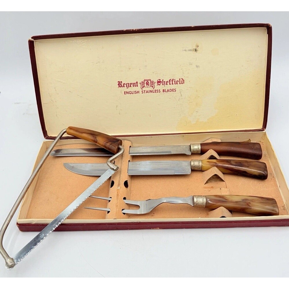 REGENT SHEFFIELD 4 Pc Carving Set w Saw Fork Knives Case Marbled Handles